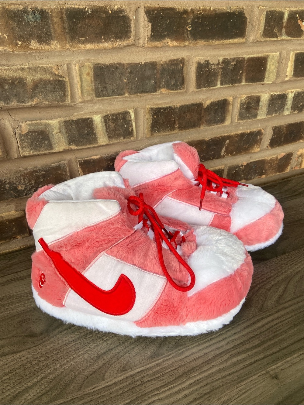 Nike Kids Coral Pink & White Plush Slippers with Red Swoosh